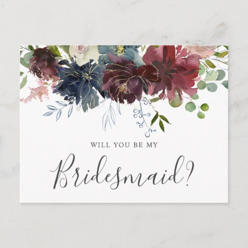 Burgundy and Blue Floral Will You Be My Bridesmaid Invitation Postcard