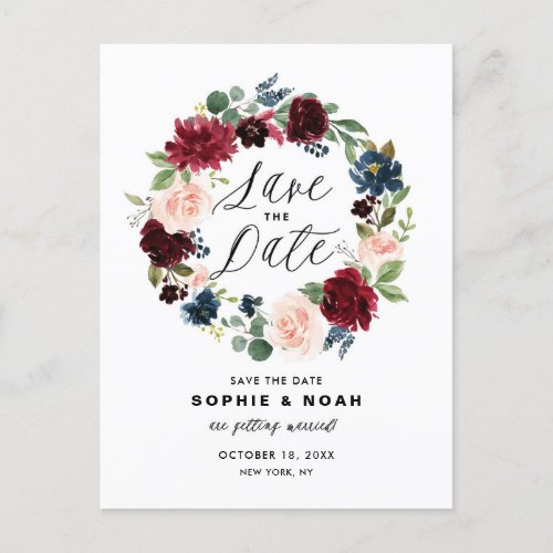 Burgundy and Blue Floral Wreath Save the Date Announcement Postcard