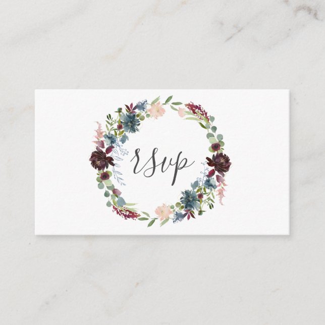 Burgundy and Blue Floral  Wreath Wedding RSVP Enclosure Card (Front)