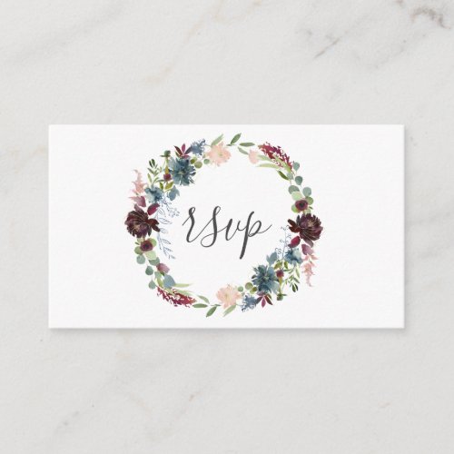 Burgundy and Blue Floral  Wreath Wedding RSVP Enclosure Card