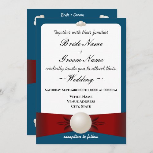 Burgundy and Blue Pearl Ribbon Photo Wedding Invitation