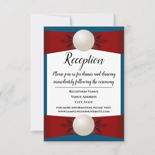 Burgundy and Blue Pearl Ribbon Wedding Reception Invitation (Front)