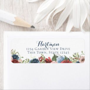 Burgundy and Blue Watercolor Floral Label
