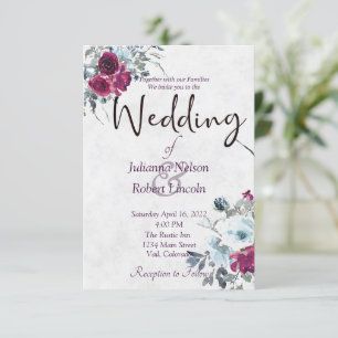 Burgundy and blue watercolor floral wedding invita invitation