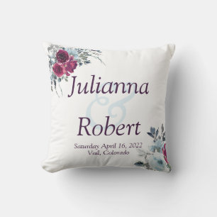 Burgundy and blue watercolor floral wedding throw pillow