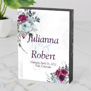 Burgundy and blue watercolor floral wedding woode wooden box sign