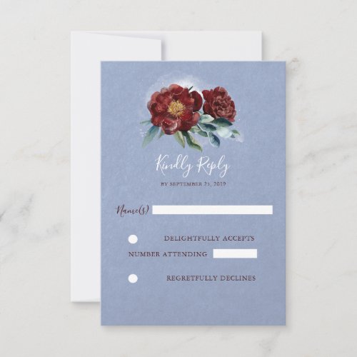Burgundy and Blue Watercolor Flowers Wedding RSVP
