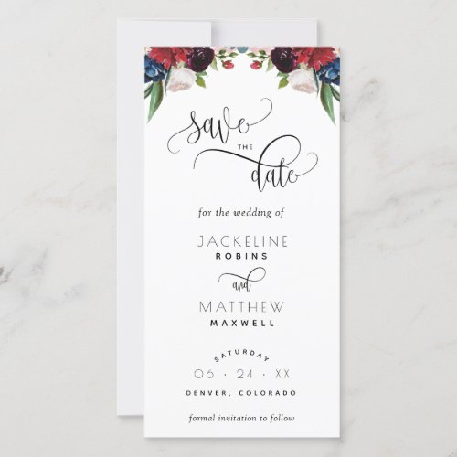 Burgundy and Blue Wedding Save The Date Bookmark