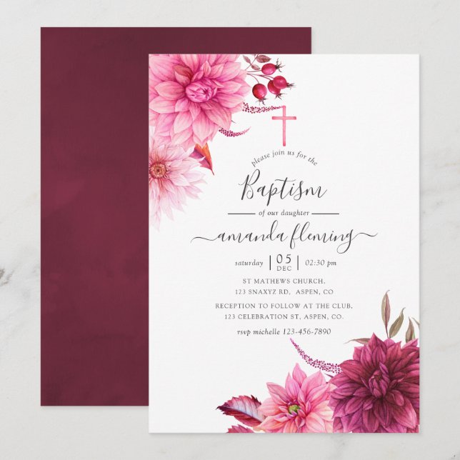 Burgundy and Blush Autumn Fall Floral Baptism Invitation (Front/Back)