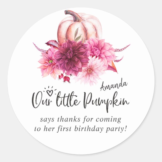 Burgundy and Blush Autumn Fall Pumpkin Birthday Classic Round Sticker (Front)