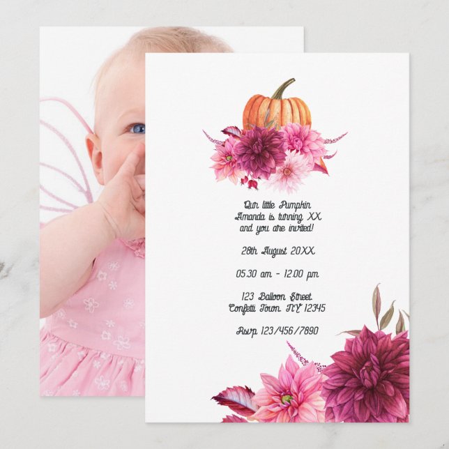 Burgundy and Blush Autumn Fall Pumpkin Birthday Invitation (Front/Back)
