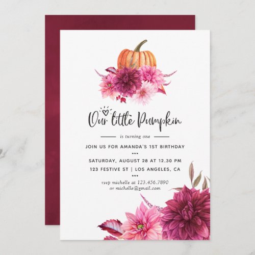 Burgundy and Blush Autumn Fall Pumpkin Birthday Invitation