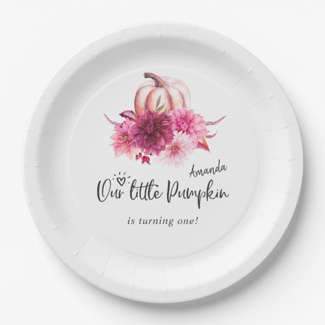 Burgundy and Blush Autumn Fall Pumpkin Birthday Paper Plates (Front)