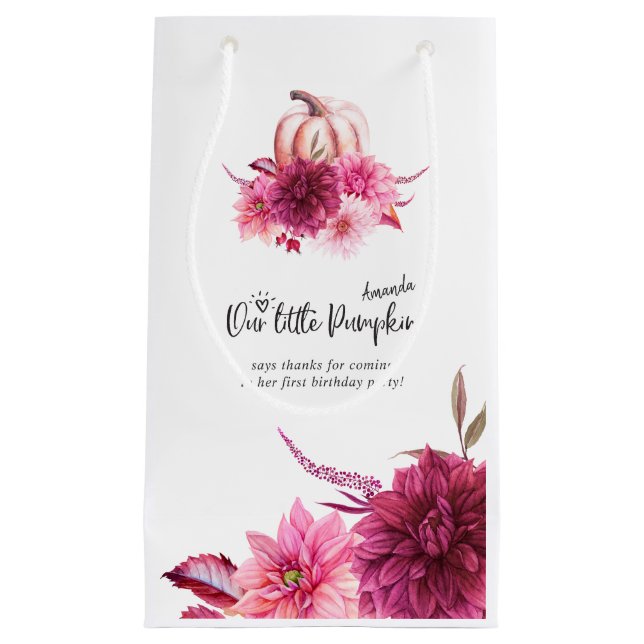 Burgundy and Blush Autumn Fall Pumpkin Birthday Small Gift Bag (Front)