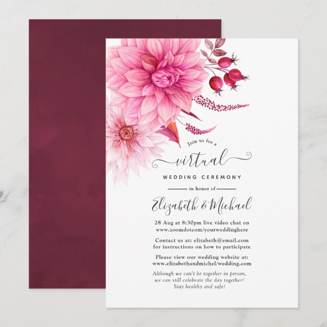 Burgundy and Blush Autumn Fall Virtual Wedding Invitation (Front/Back)