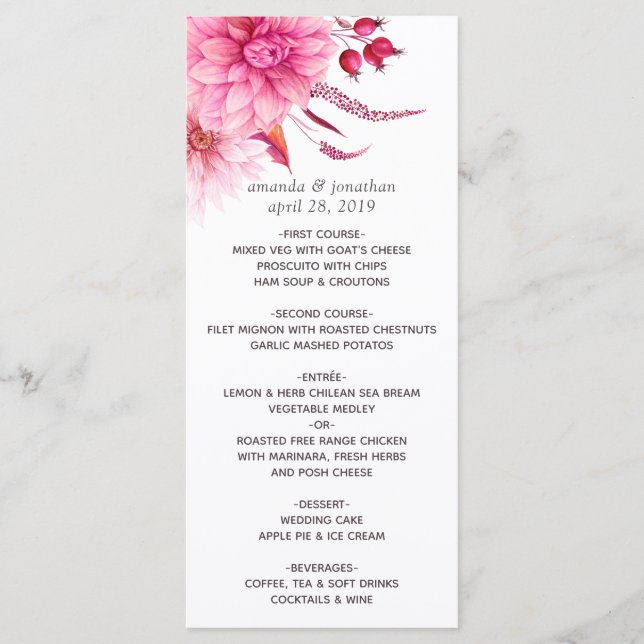 Burgundy and Blush Autumn Fall Wedding Menu (Front)