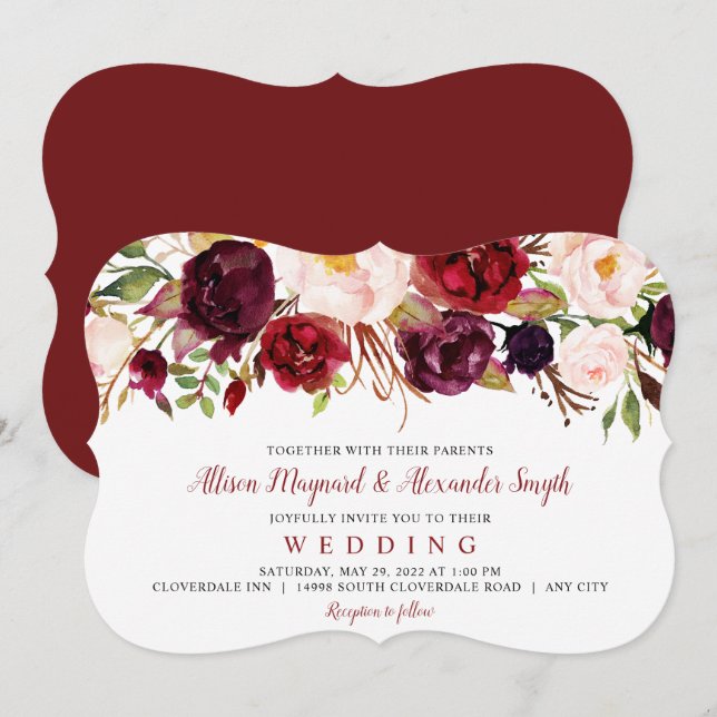 Burgundy and Blush Blooms watercolor floral Invitation (Front/Back)