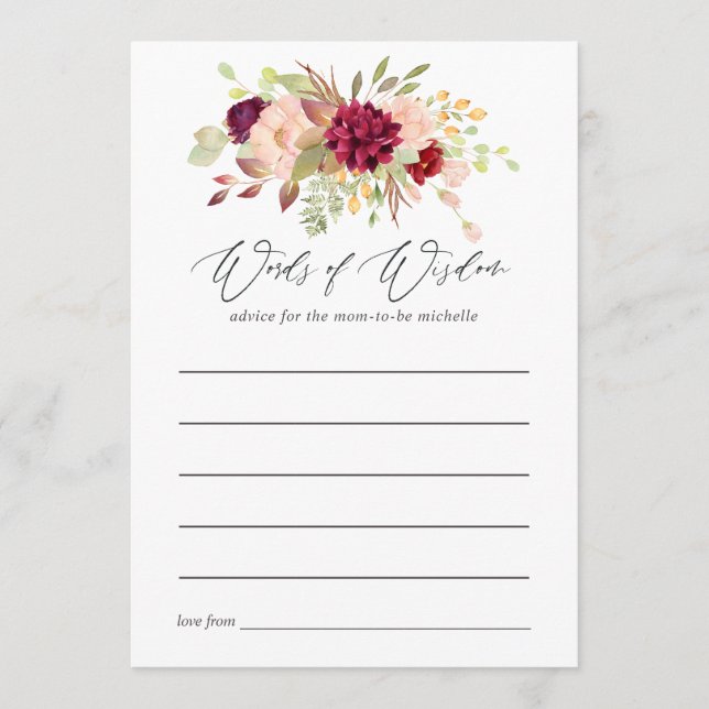 Burgundy and Blush Boho Baby Shower Mom Advice Card (Front)