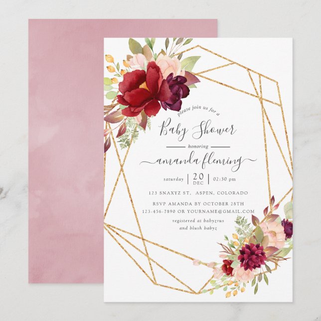 Burgundy and Blush Boho Geometric Baby Shower Invitation (Front/Back)