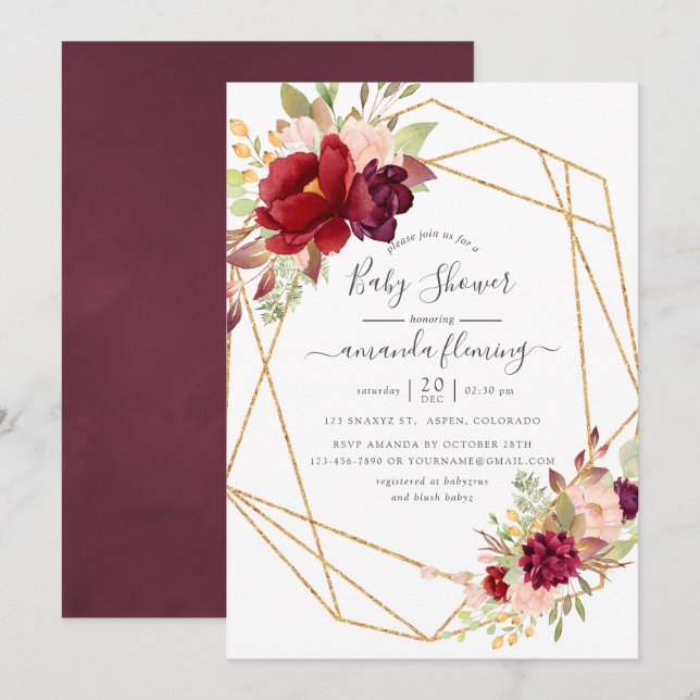 Burgundy and Blush Boho Geometric Baby Shower Invitation (Front/Back)