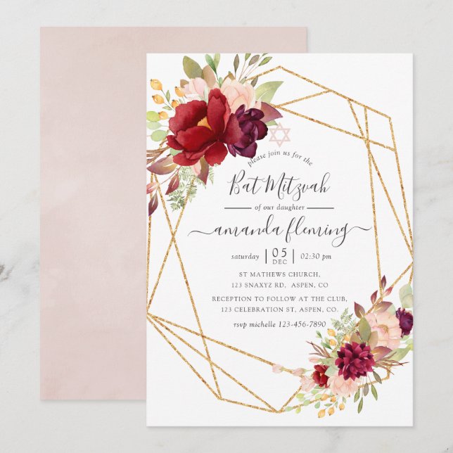 Burgundy and Blush Boho Geometric Bat Mitzvah Invitation (Front/Back)