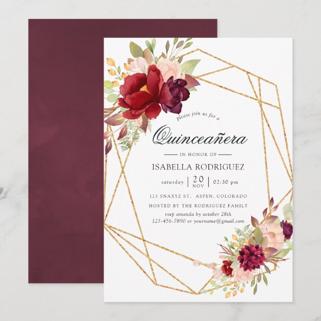 Burgundy and Blush Boho Geometric Quinceañera Invitation (Front/Back)