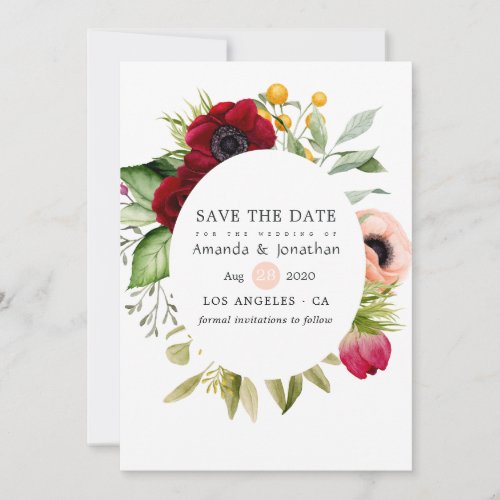 Burgundy and Blush Boho Watercolor Floral Wedding Save The Date