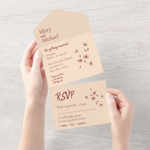 Burgundy and Blush Dandelion Seeds Minimal Wedding All In One Invitation