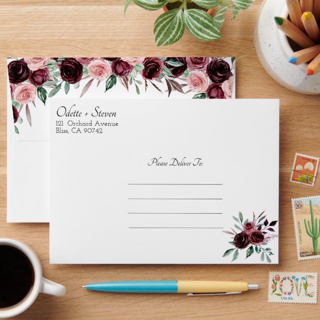 Burgundy and Blush Elegant Floral Wedding Envelope (Desk)