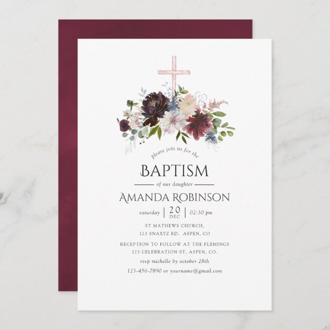 Burgundy and Blush Floral Baptism or Christening Invitation (Front/Back)