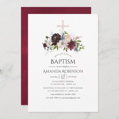 Burgundy and Blush Floral Baptism or Christening Invitation