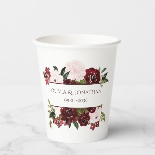 Burgundy and Blush Floral Boho Wedding Paper Cups