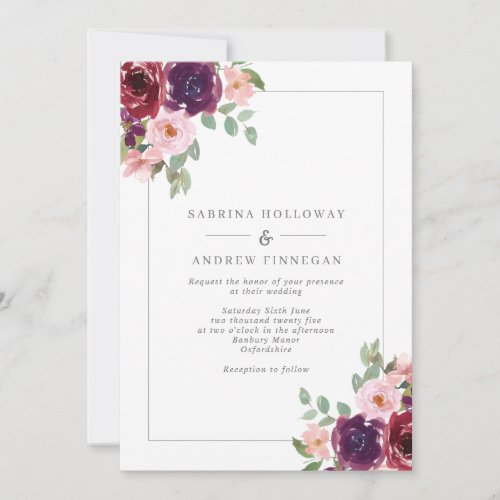 Burgundy and Blush Floral Border Wedding Invitation