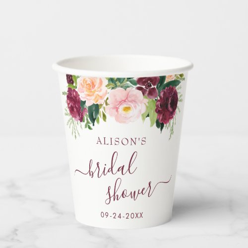 Burgundy And Blush Floral Bridal Shower Paper Cups