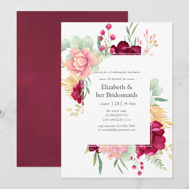 Burgundy and Blush Floral Bridesmaids Luncheon Invitation (Front/Back)