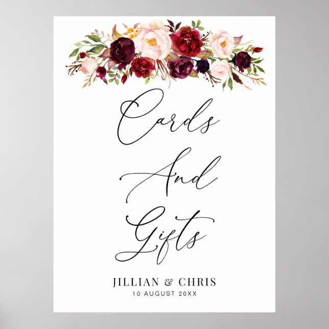 burgundy and blush floral Cards & Gifts sign (Front)