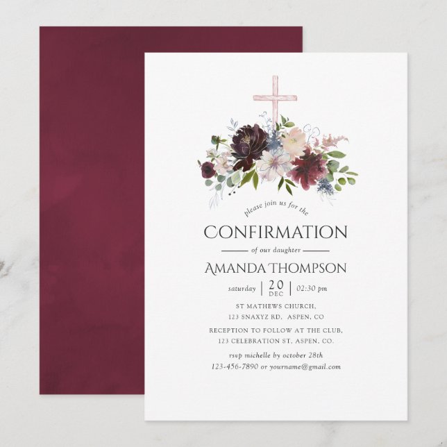 Burgundy and Blush Floral Confirmation Invitation (Front/Back)