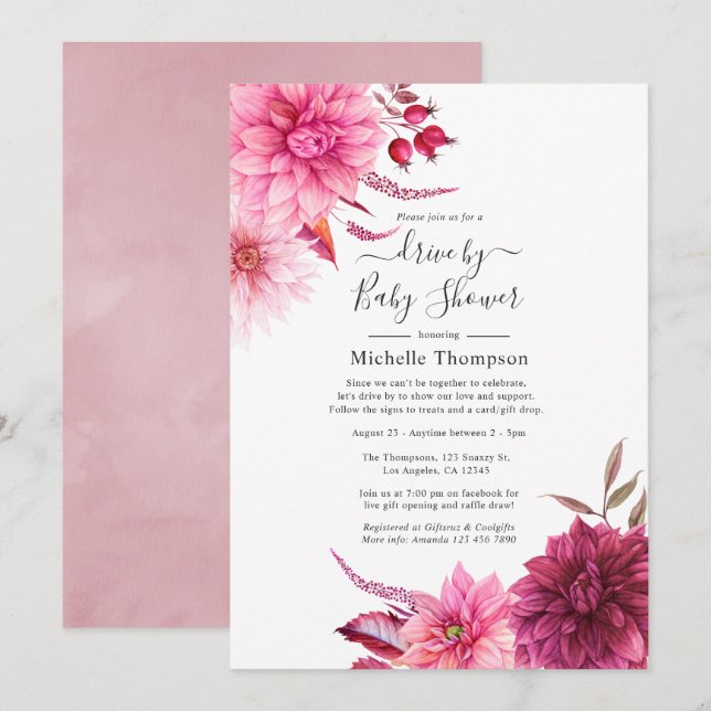 Burgundy and Blush Floral Drive By Shower Invitation (Front/Back)