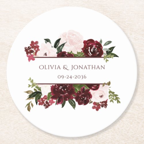 Burgundy and Blush Floral Elegant Wedding Round Paper Coaster