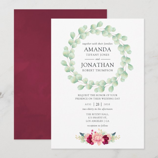 Burgundy and Blush Floral Eucalyptus Wedding Invitation (Front/Back)