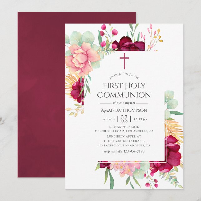 Burgundy and Blush Floral First Holy Communion Invitation (Front/Back)