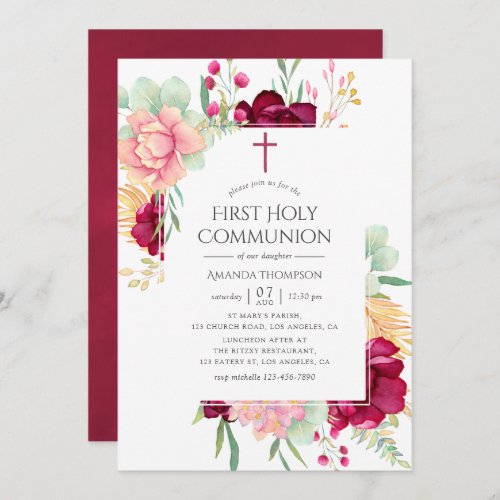 Burgundy and Blush Floral First Holy Communion Invitation