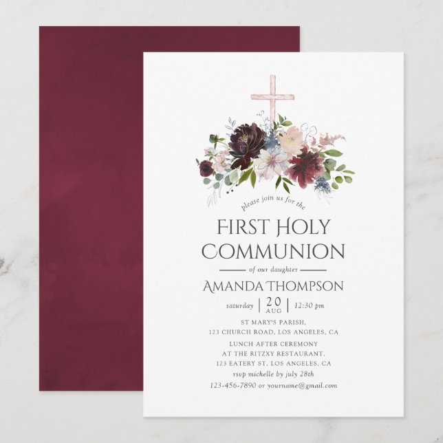 Burgundy and Blush Floral First Holy Communion Invitation (Front/Back)