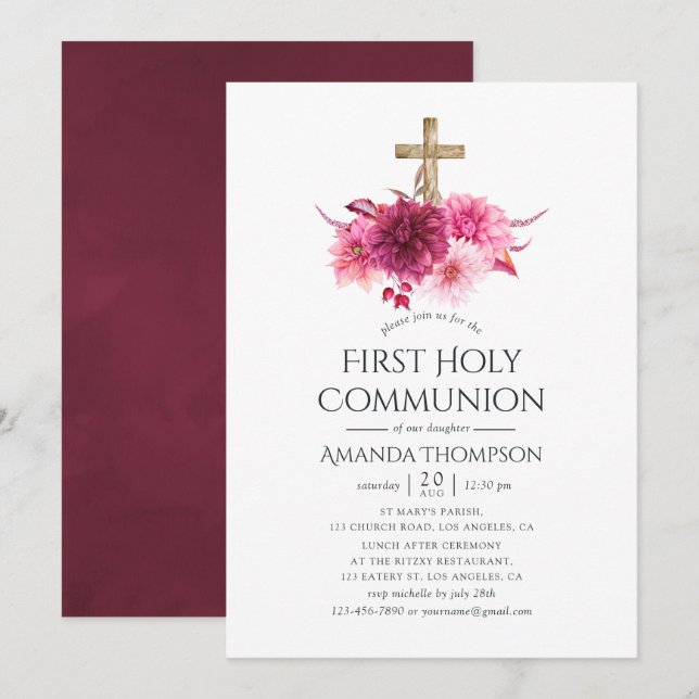 Burgundy and Blush Floral First Holy Communion Invitation (Front/Back)