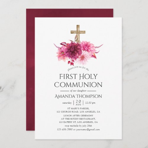 Burgundy and Blush Floral First Holy Communion Invitation