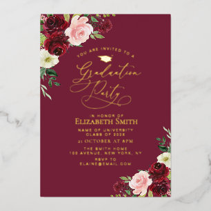 Burgundy and Blush floral Graduation Party Foil Invitation