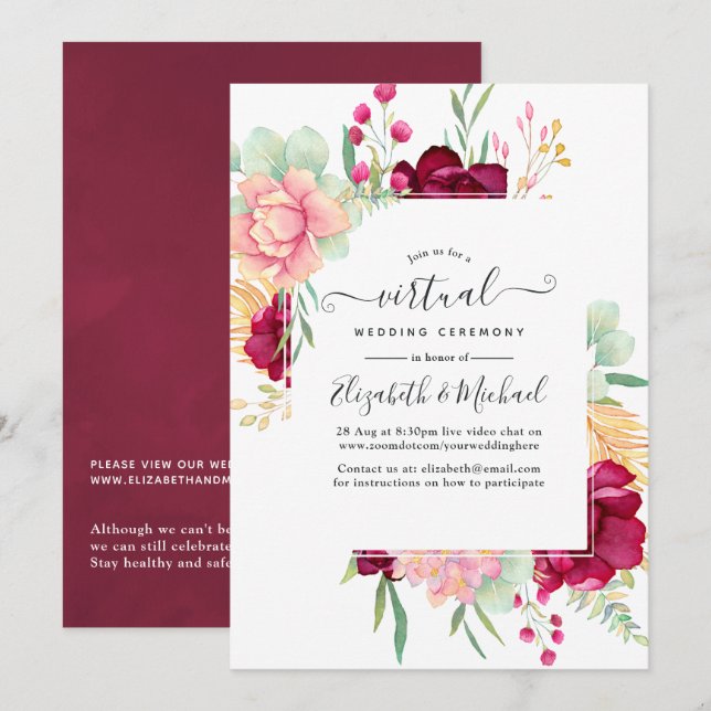 Burgundy and Blush Floral Online Virtual Wedding Invitation (Front/Back)
