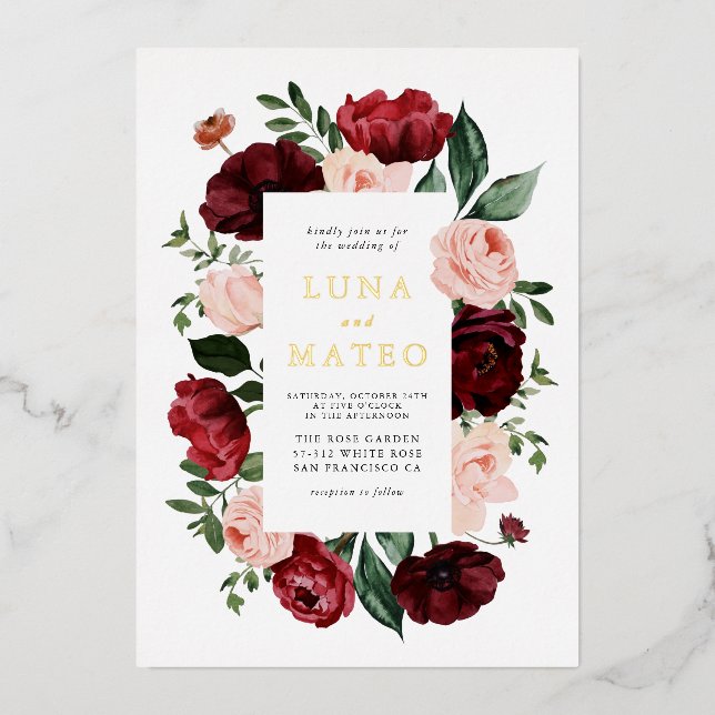 Burgundy and Blush Floral Photo Wedding Foil Invitation (Front)