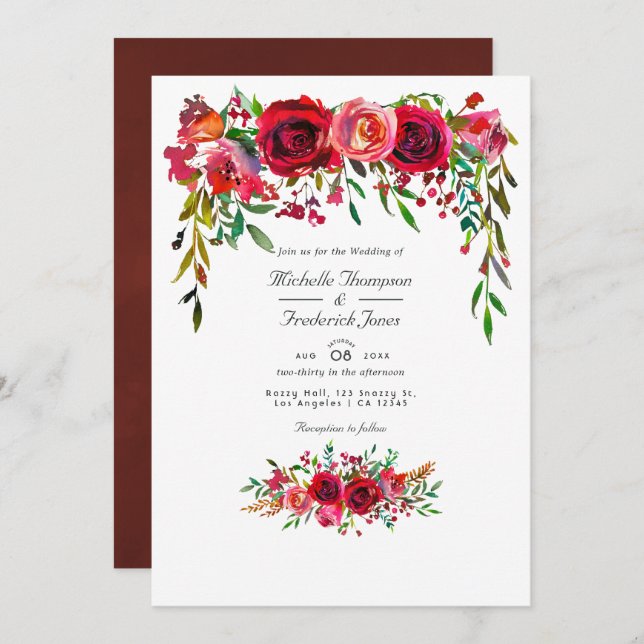 Burgundy and Blush Floral QR Code RSVP Wedding Invitation (Front/Back)