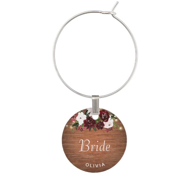 Burgundy and Blush Floral Rustic Bride Wedding Wine Charm (Front)